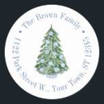 Chinoiserie Blue White Christmas Return Address Classic Round Sticker<br><div class="desc">This flexible sticker design features a Christmas tree decorated with blue and white ginger jar ornaments, with circular text border. Shown here for a return address label but all of the text fields are flexible to your needs eg could be a thank you favor sticker. All watercolor elements originally handpainted...</div>