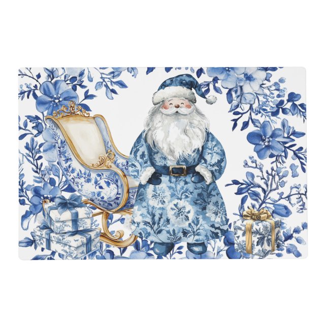 Chinoiserie Blue White Double Sided Santa Snowman Placemat (Front)