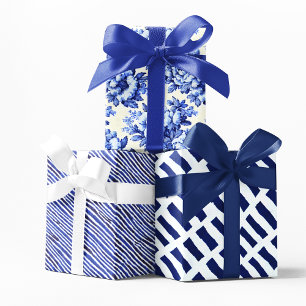 Chinoiserie Blue White Floral and Stripes Wrapping Paper Sheets