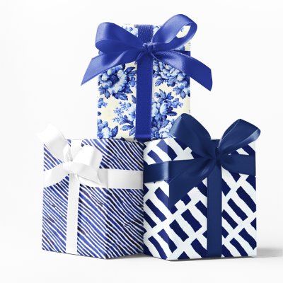 Chinoiserie Blue White Floral and Stripes Wrapping Paper Sheets