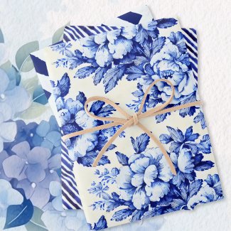 Chinoiserie Blue White Floral and Stripes