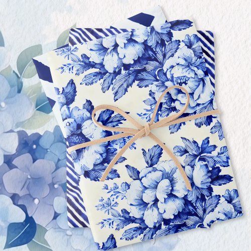 Chinoiserie Blue White Floral and Stripes Wrapping Paper Sheets