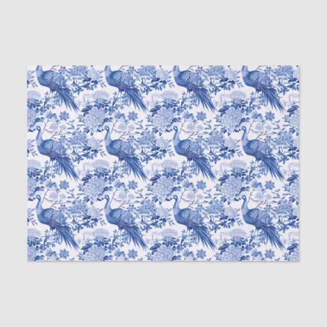 Chinoiserie Blue & White Floral Asian Birds Tissue Paper (Front)