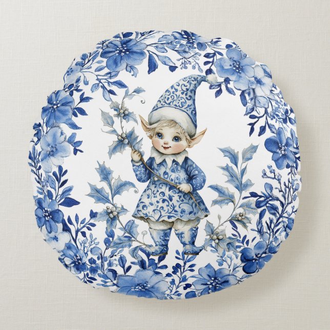 Chinoiserie Blue White Floral Christmas Elf Round Pillow (Front)