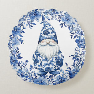 Chinoiserie Blue White Floral Christmas Gnome Round Pillow