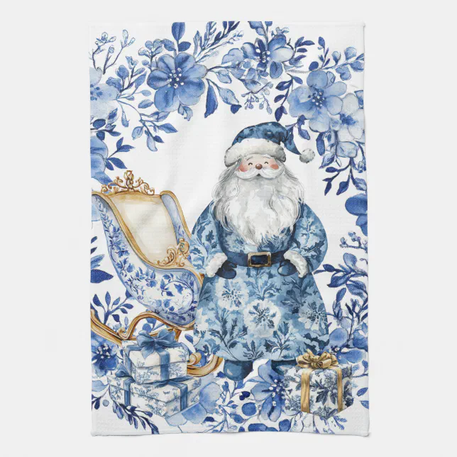 Chinoiserie Blue White Floral Christmas Santa Kitchen Towel | Zazzle