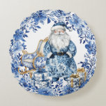 Chinoiserie Blue White Floral Christmas Santa Round Pillow<br><div class="desc">This exquisite round decor pillow features a beautiful Chinoiserie-inspired blue and white floral wreath, accented with Santa Claus, sleigh and Christmas gifts. Crafted from high-quality materials, this throw pillow is not only a stylish accent for your home but also a thoughtful gift for loved ones. Add a touch of sophistication...</div>