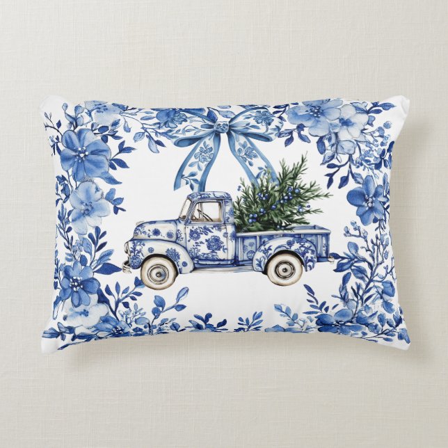 Chinoiserie Blue White Floral Christmas Truck Accent Pillow (Front)