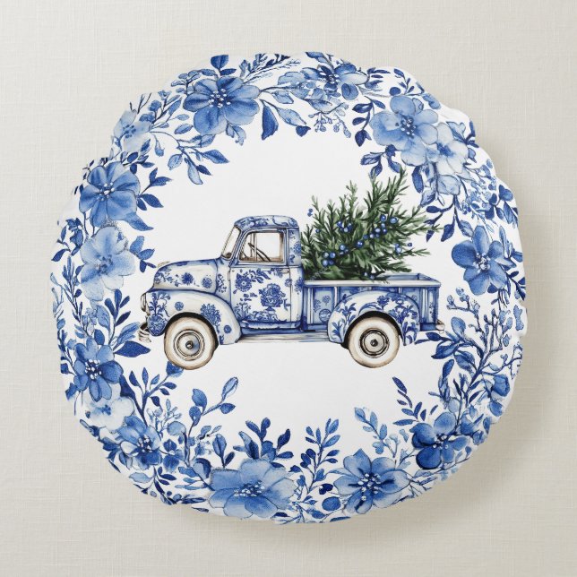 Chinoiserie Blue White Floral Christmas Truck Round Pillow (Front)