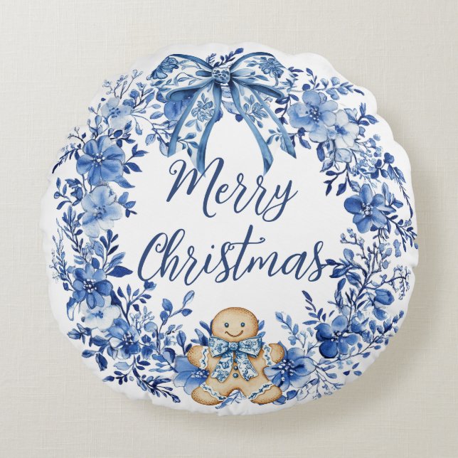 Chinoiserie Blue White Floral Gingerbread Man Round Pillow (Front)
