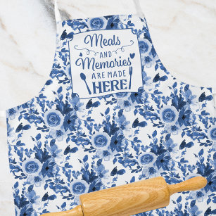 Chinoiserie Blue White Floral Kitchen Quote Apron