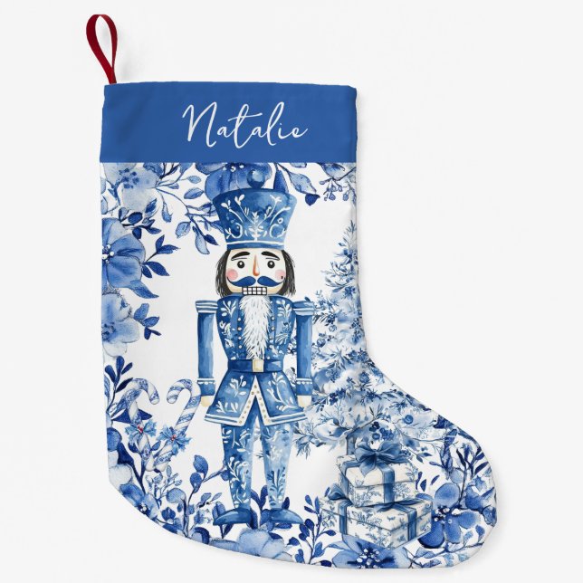 Chinoiserie Blue White Floral Nutcracker Soldier Small Christmas Stocking (Front)