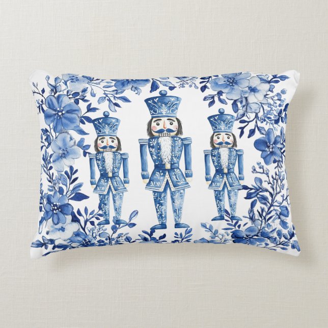 Chinoiserie Blue White Floral Nutcracker Soldiers Accent Pillow (Front)