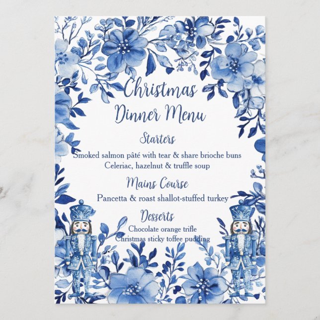 Chinoiserie Blue White Floral Nutcracker Soldiers Menu (Front)