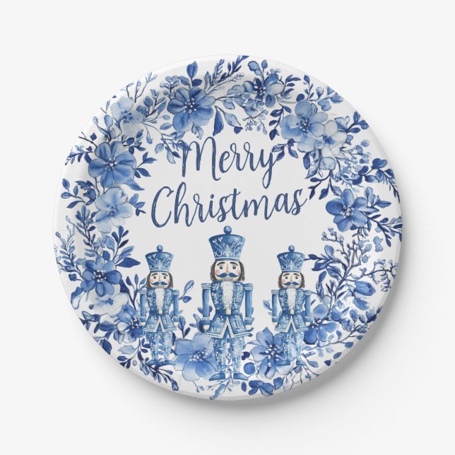 Chinoiserie Blue White Floral Nutcracker Soldiers Paper Plates (Front)