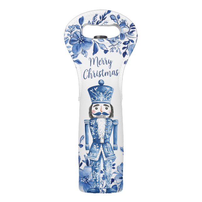 Chinoiserie Blue White Floral Nutcracker Soldiers Wine Bag (Front)