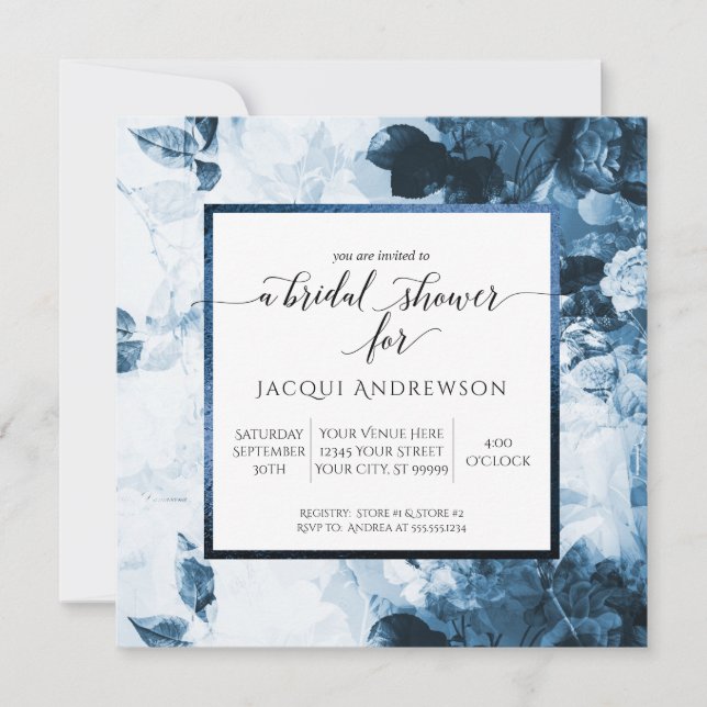 Chinoiserie Blue White Floral Script Bridal Shower Invitation (Front)