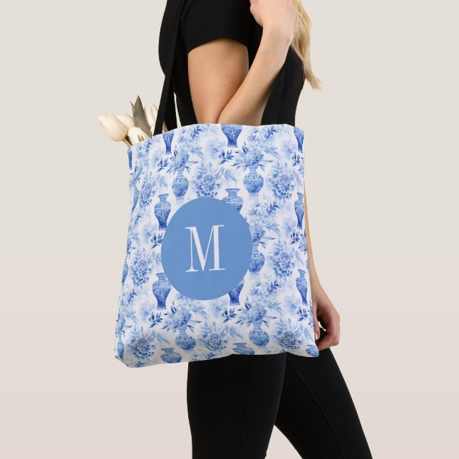 Chinoiserie Blue & White Floral Vases Monogrammed Tote Bag (Close Up)