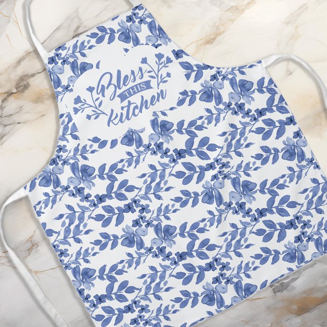 Chinoiserie Blue White Florals Kitchen Blessing Apron (Creator Uploaded)
