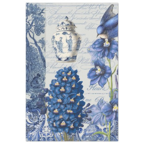 Chinoiserie Blue White Flower Jar Script Ephemera Tissue Paper