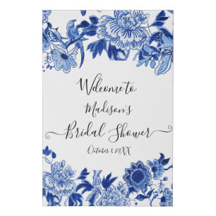 Chinoiserie Blue White Foliage Welcome Bridal Faux Canvas Print