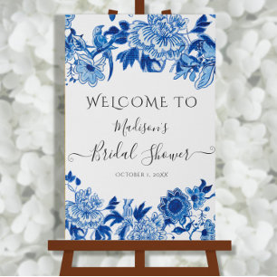 Chinoiserie Blue White Foliage Welcome Bridal Faux Canvas Print