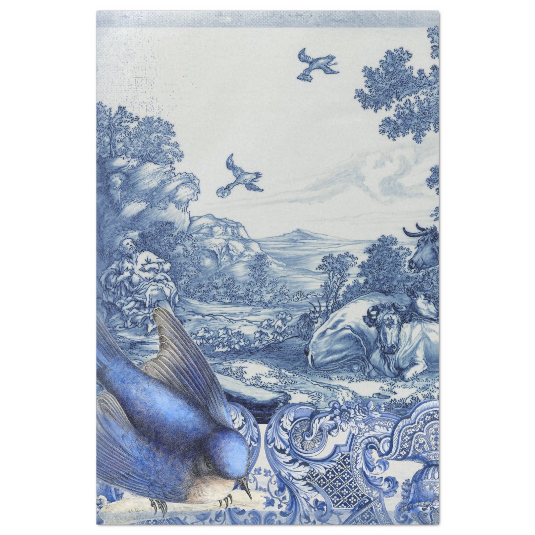 Chinoiserie Blue White French Toile Bird Collage Tissue Paper | Zazzle