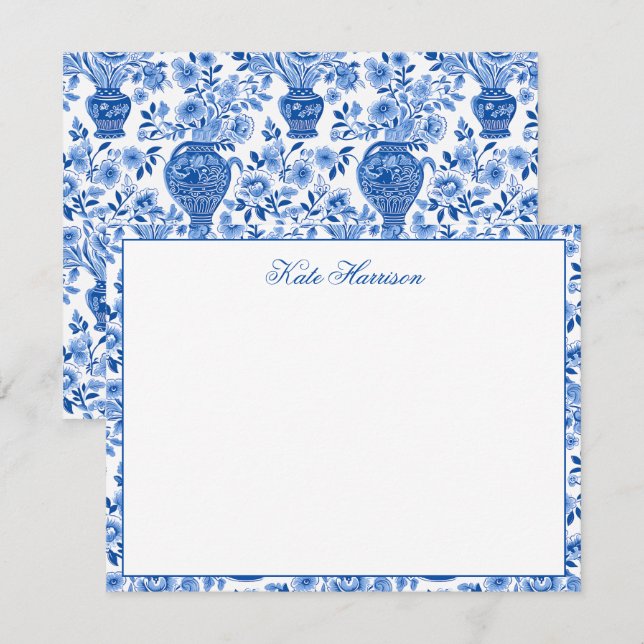 Chinoiserie Blue & White Ginger Jar Floral Vases Note Card (Front/Back)