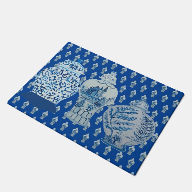 Chinoiserie Blue White Ginger Jars Doormat (Angled)