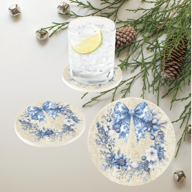 Chinoiserie Blue White Holiday Wreath  Coaster (Elegant blue and white holiday chinoiserie wreath on antique faded damask background. )
