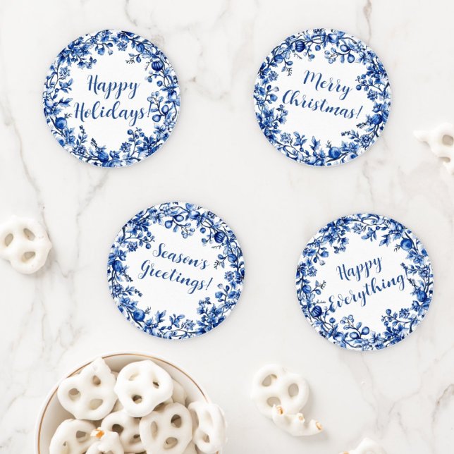 Chinoiserie Blue White Holly Leaf Personalized Coaster Set (Thrifty set of 4 coasters. You can personalize each one with a different message if you desire!)