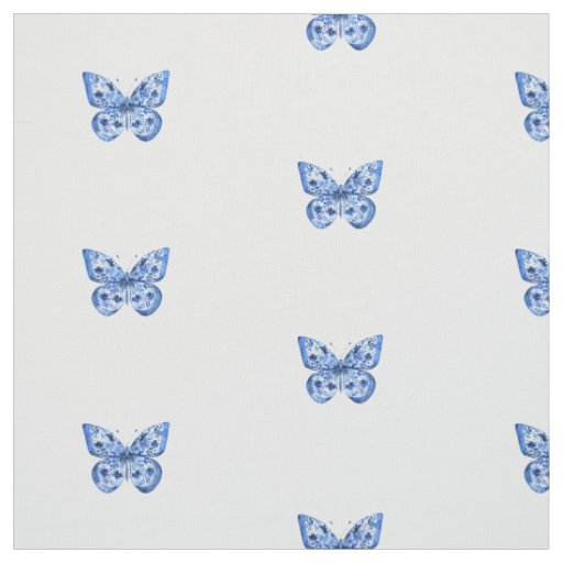 Chinoiserie Blue White Little Butterfly  Fabric
