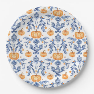 Chinoiserie Blue White Orange Autumn Pumpkins Paper Plates