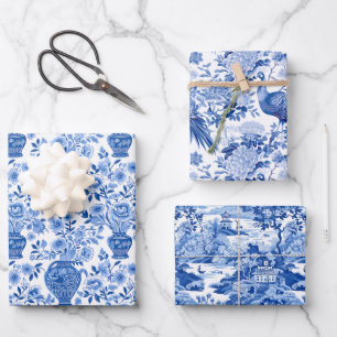Chinoiserie Blue & White Pagodas Ginger Jars Birds Wrapping Paper Sheets