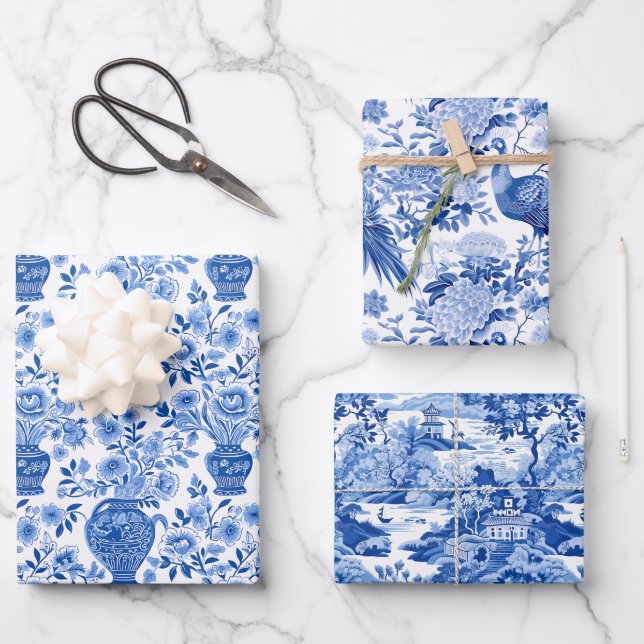 Chinoiserie Blue & White Pagodas Ginger Jars Birds Wrapping Paper Sheets (Front)