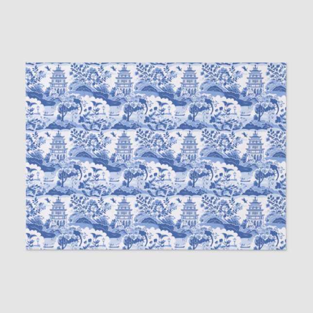 Chinoiserie Blue & White Pagodas Tissue Paper (Front)