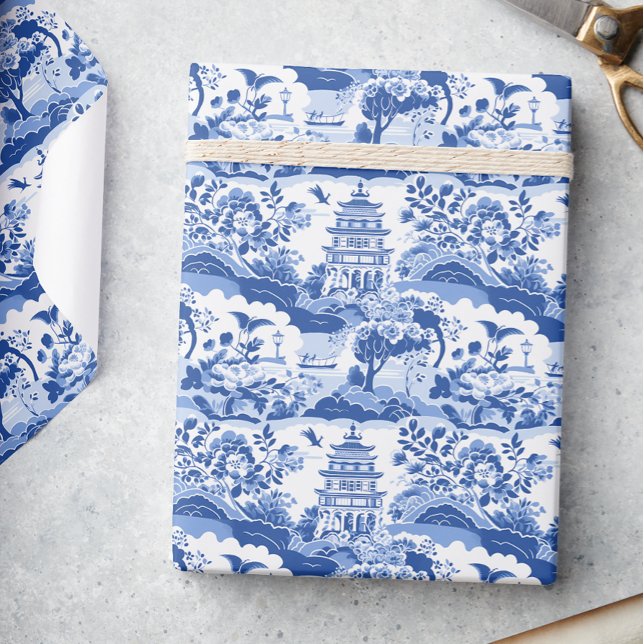 Chinoiserie Blue & White Pagodas Wrapping Paper (Creator Uploaded)