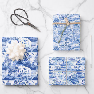 Chinoiserie Blue & White Pagodas Wrapping Paper Sheets