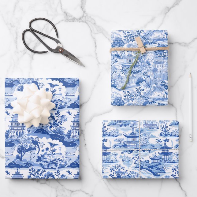 Chinoiserie Blue & White Pagodas Wrapping Paper Sheets (Front)