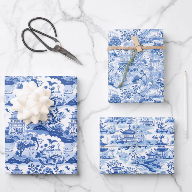 Chinoiserie Blue & White Pagodas Wrapping Paper Sheets