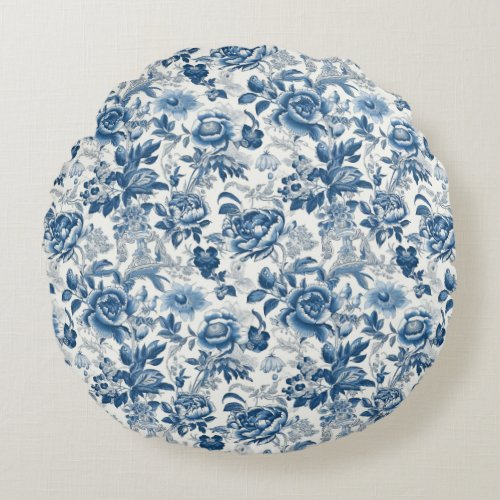Chinoiserie Blue White Peonies Floral Home Decor Round Pillow