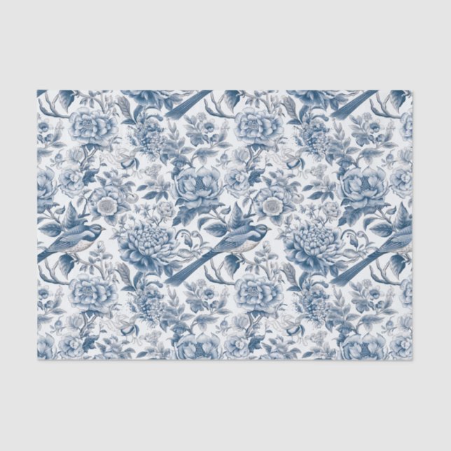 Chinoiserie Blue White Peony Floral Bird Decoupage Tissue Paper (Front)