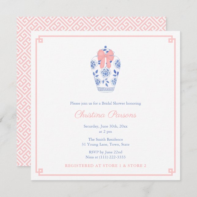 Chinoiserie Blue White Pink Wedding Shower Party Invitation (Front/Back)
