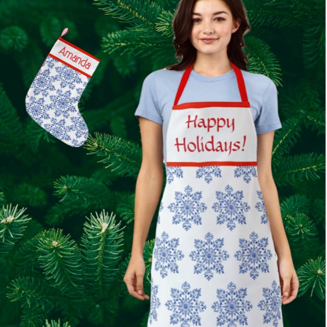 Chinoiserie Blue White Red Snowflakes Personalized Apron (Personalize with your own message!)