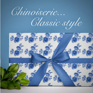 Chinoiserie Blue White Roses Floral Wrapping Paper