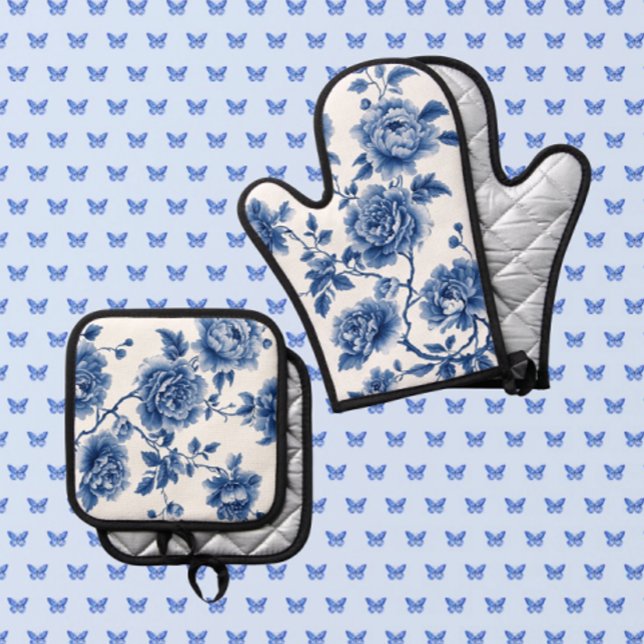 Chinoiserie Blue White Roses Oven Mitt & Pot Holder Set (Glamorous chinoiserie oven mitt and pot holder! Great shower gift!)