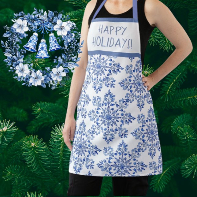Chinoiserie Blue White Snowflakes Personalized Apron (Classic blue and white snowflakes. Personalize for someone special (maybe yourself?))