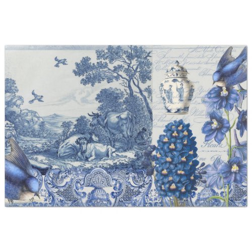 Chinoiserie Blue White Toile Floral Script Collage Tissue Paper