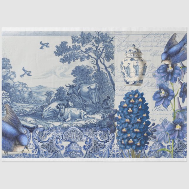 Chinoiserie Blue White Toile Floral Script Collage Tissue Paper (Front)