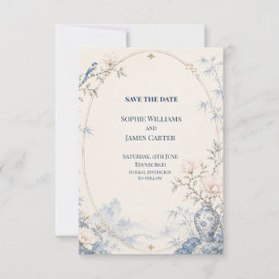 Chinoiserie Blue White Vase Floral Save the Date